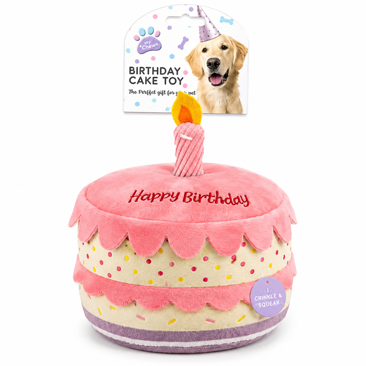 Pink plush birthday cake dog toy with candle, Happy Birthday embroidery and crinkle and squeak features