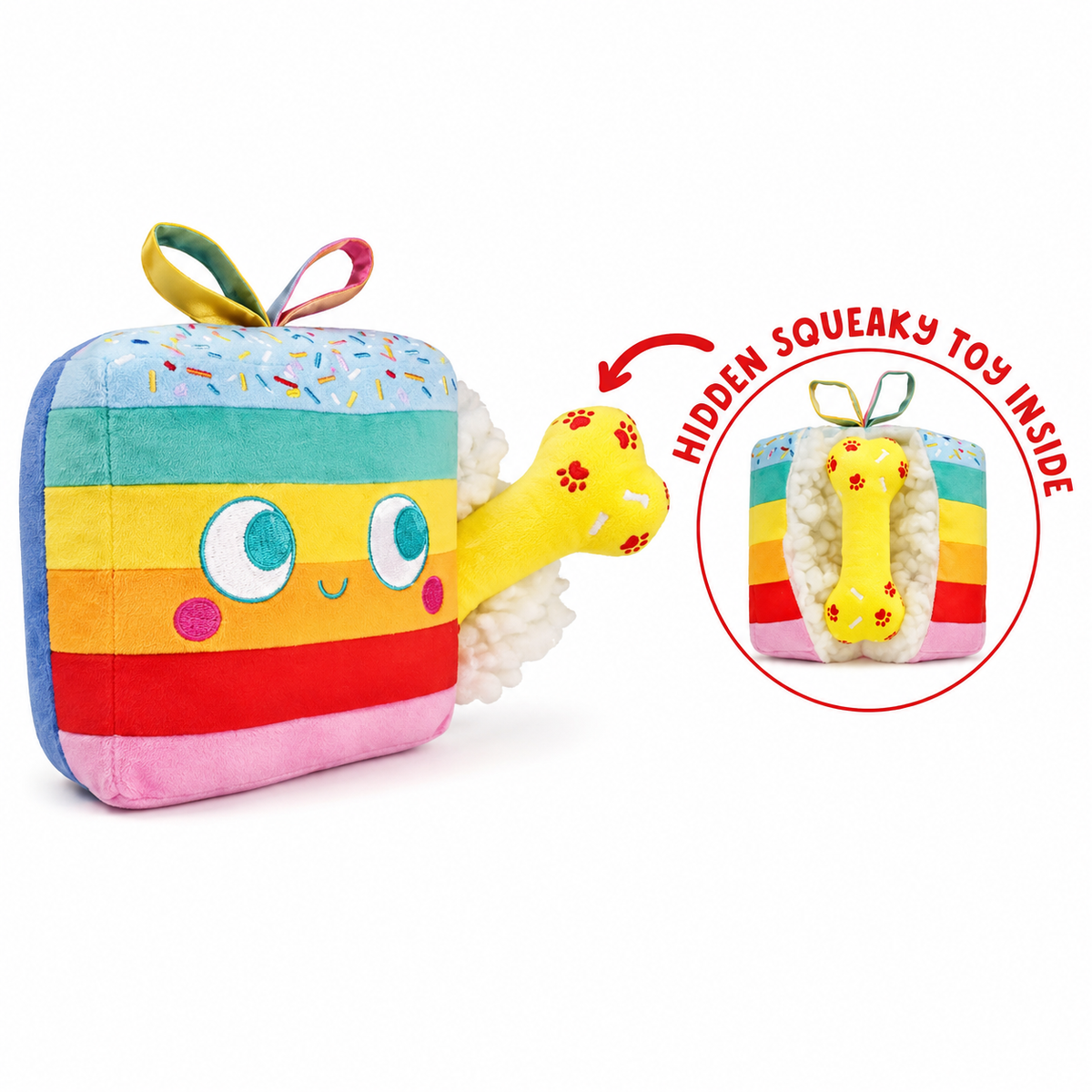 Colourful rainbow plush dog toy with hidden yellow squeaky bone inside