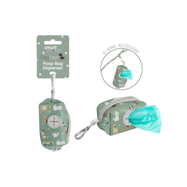 A small dog poop bag dispenser in sage green with a dog-patterned print, shown both hanging from its retail card and in use with a turquoise plastic bag pulled out. An inset circle labels it as a 'RING ACCESSORY'.