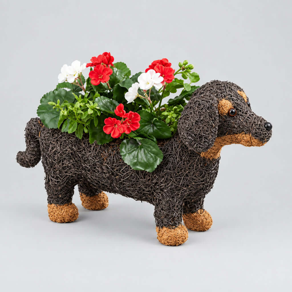 Dog-shaped planter with flowers against a white brick wall.