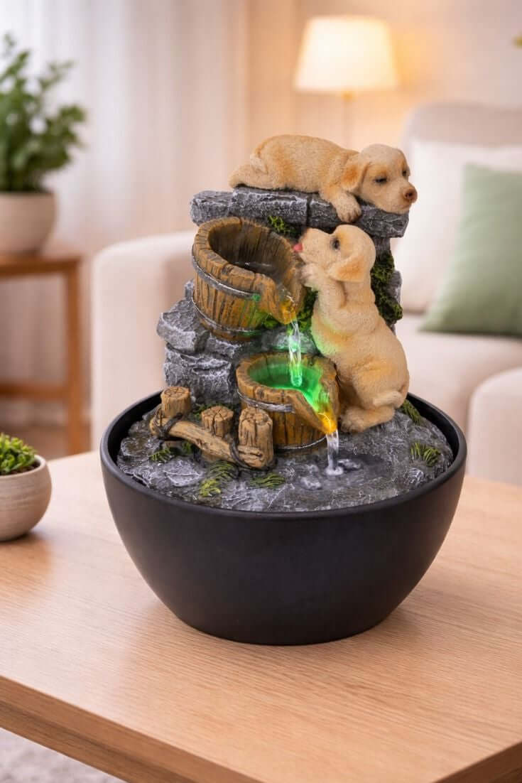 A decorative fountain sculpture shaped like two small golden retriever dogs at a waterfall, set in a black bowl on a wooden table in a living room.