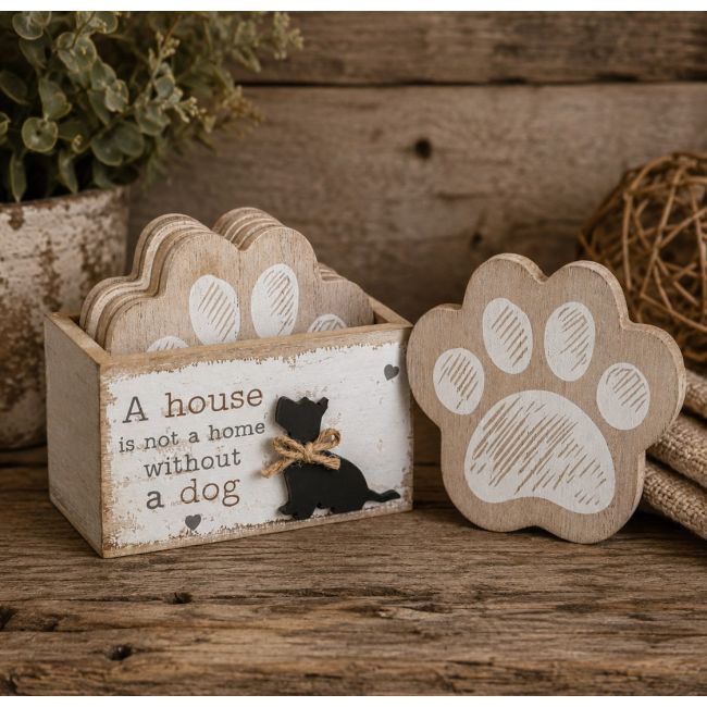 Dog Paw Wooden Coaster Set with Holder