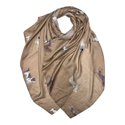 Dog Print Scarf – Mocha, White & Navy