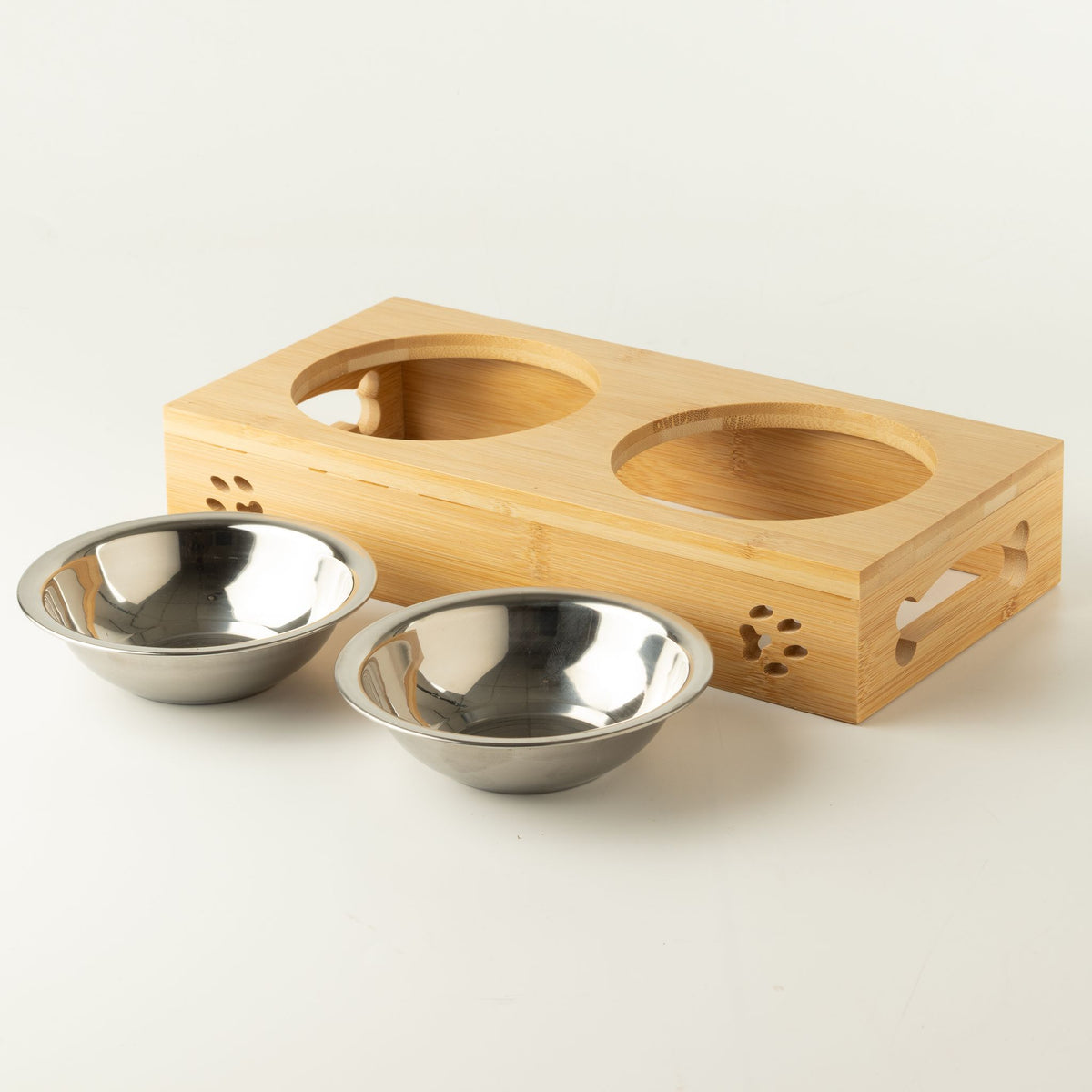 Double Dog Feeding Bowls with Wooden Stand 12cm