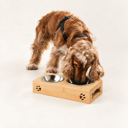 Double Dog Feeding Bowls with Wooden Stand 12cm