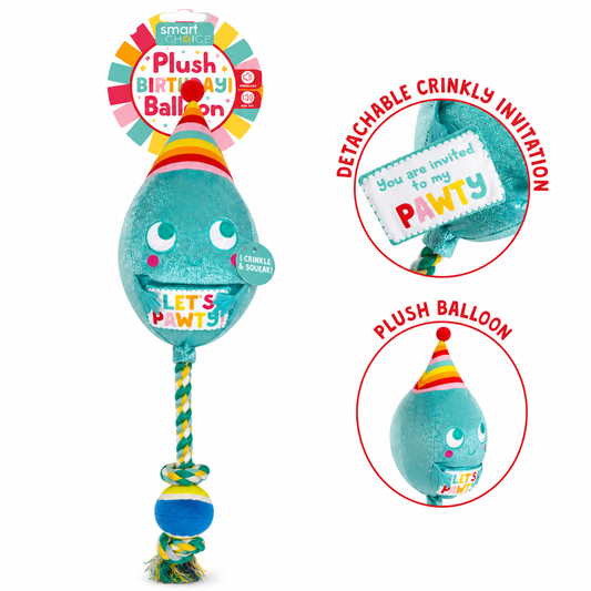 Birthday balloon dog toy with squeaker, rope tail and detachable crinkly pawty invitation